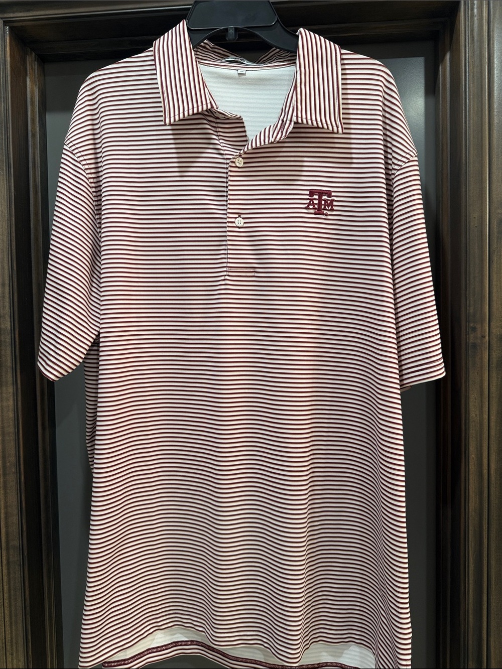 Texas A&M Striped Maroon and White Polo with Embroidered Logo